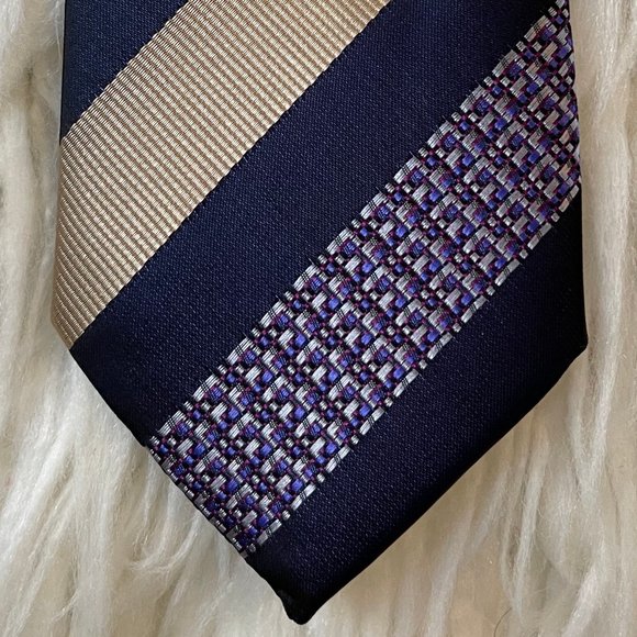 100% Silk Neck Tie - Navy Blue, Gold & Purple - Picture 1 of 6